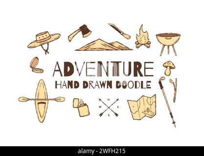Hand gezeichnetes Abenteuer Doodle Design Elemente Vektor Illustration Kollektion Set Stock Vektor
