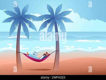 Mann liegt in einer Hängematte Schaukel am wunderschönen Strand, Vektor-Illustration Stock Vektor