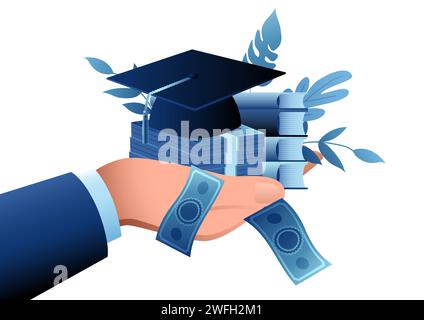 Hand hält Geld Stapel, Graduierung Toga Hut und Bücher, Investition in Bildung, teure Bildung, Vektor Illustration Stock Vektor