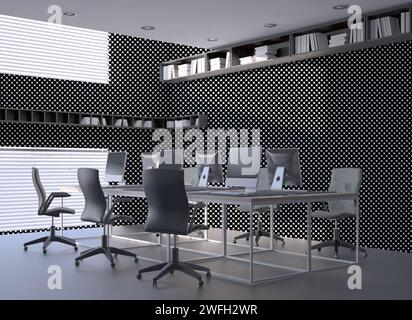 Büroeinrichtung mit schwarz-weißen Wänden Stockfoto