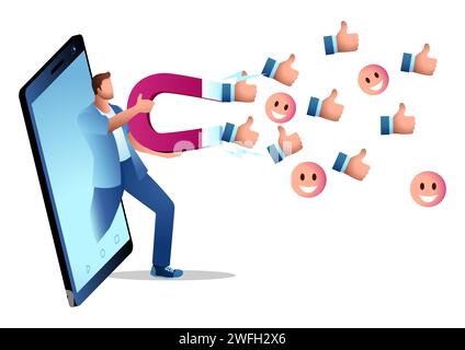 Der Mann kommt mit einem riesigen Magneten aus dem Telefon, um wie Ikonen und lächelnde Emoticons anzuziehen, mehr Besucher, Social Media Traffic, Vektorillus anzuziehen Stock Vektor