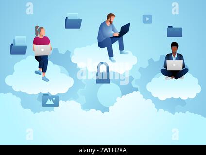 Menschen, die an ihren Computern in Clouds arbeiten, Remote-Arbeit, Cloud-Computing, Online-Teamwork, Vektorillustration Stock Vektor