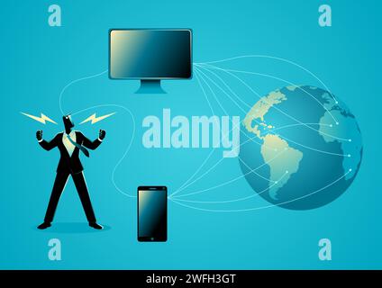 Geschäftskonzept Illustration eines Geschäftsmannes mit Draht Verbindung mit Computer und Smartphone zur Welt Stock Vektor