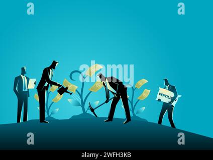 Geschäftskonzeptdarstellung einer Gruppe von Geschäftsleuten, die Geldbaum pflegen, Anlagegeschäftskonzept Stock Vektor