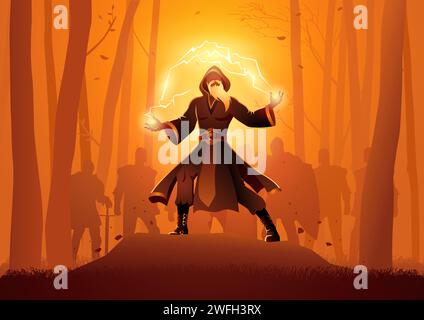 Zauberer wirkt verzauberte mächtige Zaubersprüche im Wald mit Rittern hinter ihm, Vektor-Illustration Stock Vektor