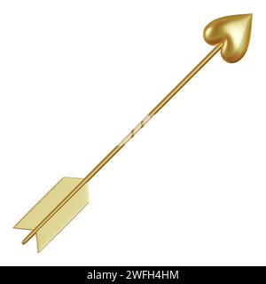 Der goldene Pfeil zeigt nach oben, die Spitze in Form eines Herzens. Valentinskarte. Realistisches 3D-Symbol auf weißem Hintergrund. Vektorabbildung Stock Vektor
