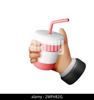 3D Realistic Red Einwegbecher mit Strohhalm in der Hand Stock Vektor