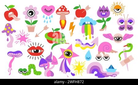 Handgezeichnete Vektorgrafik. Set aus psychedelischen Elementen im flachen Cartoon-Stil Stock Vektor