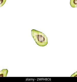 Nahtlose Avocado mit Aquarellmuster. Reife grüne Früchte auf weißem Hintergrund. Für die Gestaltung von Küchentextilien und Frischverpackungen Stockfoto