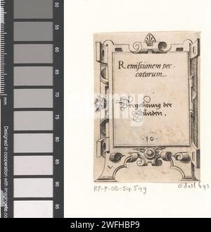 Gebet in lateinischer und deutscher Sprache in einem Rollenwerk Framing, Virgilius Solis, 1568 Druck nummeriert in der Mitte: 10. Nürnberger Papiergravur / Ätzung Scrollwerk, Strapwork  Ornament Stockfoto