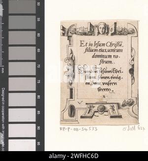 Gebet in lateinischer und deutscher Sprache in einem Rollenwerk Framing, Virgilius Solis, 1568 Druck nummeriert in der Mitte: 2. Nürnberger Papiergravur / Ätzung Scrollwerk, Strapwork  Ornament Stockfoto