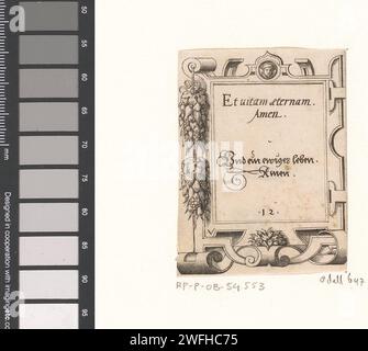 Gebet in lateinischer und deutscher Sprache in einem Rollenwerk Framing, Virgilius Solis, 1568 Druck nummeriert in der Mitte: 12. Nürnberger Papiergravur / Ätzung Scrollwerk, Strapwork  Ornament Stockfoto