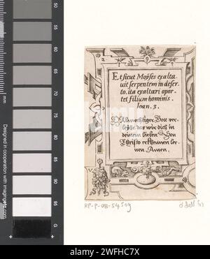 Gebet in lateinischer und deutscher Sprache in einem Rollenwerk, Vergilius Solis, 1568 Druck oben links: 2. Nürnberger Papiergravur Scrollwerk, Strapwork  Ornament Stockfoto