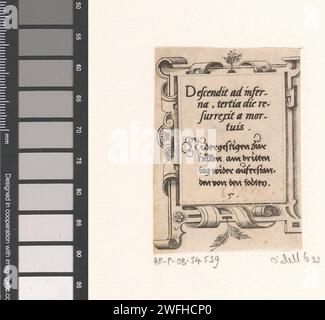 Gebet in lateinischer und deutscher Sprache in einem Rollenwerk Framing, Virgilius Solis, 1568 Druck nummeriert in der Mitte: 5. Nürnberger Papiergravur / Ätzung Scrollwerk, Strapwork  Ornament Stockfoto