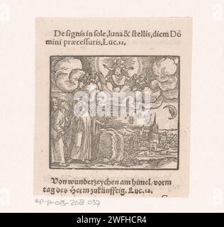 Das sechste Siegel brechen, 1600 - 1699 Druck Erdbeben und Überschwemmungen verwüsten die Welt. Der Mond und die Sonne sind hoch am Himmel und brennende Sterne fallen vom Himmel auf Erden. Niederlande Papier-Buchdruck Öffnung des sechsten Siegels: Ein großes Erdbeben, die Sonne wird schwarz, der Mond rot wie Blut, und die Sterne fallen auf die Erde; die Menschheit versteckt sich in Höhlen Stockfoto