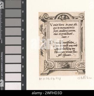 Gebet in lateinischer und deutscher Sprache in einem Rollenwerk, Vergilius Solis, 1568 Druck oben links: 11. Nürnberger Papiergravur / Ätzung Scrollwerk, Strapwork  Ornament Stockfoto