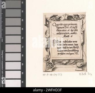 Gebet in lateinischer und deutscher Sprache in einem Rollenwerk, Virgilius Solis, 1568 Druck oben links: 9. Matthäus 6:33. Nürnberger Papiergravur / Ätzung Scrollwerk, Strapwork  Ornament Stockfoto