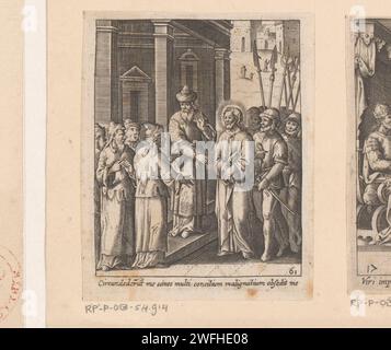 Christus für Kajafas, Heinrich Ulrich, 1582 - 1671 Druck Spiegel -Bild rechts unten: 16. Deutschland Papier, das Christus vor dem Sanhedrin graviert, mit Kaiphas als Hohepriester und möglicherweise Annas; vielleicht ein Soldat, der Christus schlagen will, weil er schweigt (Matthäus 26:57-66; Markus 14:53-64; Lukas 22:54, 22:66-71) Stockfoto