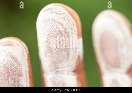 Nahaufnahme der Finger, die mit weißer Farbe auf dem grünen Grashintergrund bedeckt sind. Erhaltung des Umweltkonzepts Stockfoto