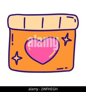 Geschenkbox mit rosafarbenem Herz und Sternen. Bunte Vektor isolierte Illustration Kritzelei Hand gezeichnet. Alles Gute Zum Valentinstag. Februar-Karte oder Poster, valentinstag, Stock Vektor