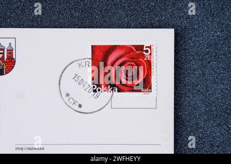Polnische Briefmarke mit Rosenblume. Polen - ca. 2015. Stockfoto
