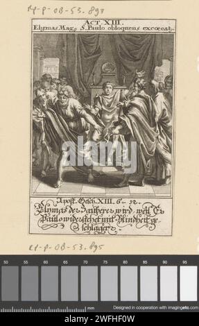 Magier Elymas von Apostel Paulus mit Blindheit getroffen, Anonym, nach Johann Jakob von Sandrart, 1697 Druckpapier, das den Zauberer Elymas (Elymes, Bar-Jesus), der Paulus und Barnabas am Sprechen zu hindern versucht, wird von Paulus blind geschlagen Stockfoto