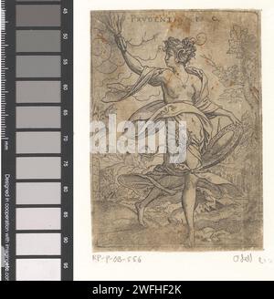 Achtung, Virgilius Solis, 1524 - 1562 Druck oben rechts neben dem Titel: F.C. Nürnberger Papiergravur / Ätzung Prudence, 'Prudentia'; 'Prudenza' (Ripa)  eine der vier Kardinaltugenden Stockfoto