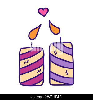 Zwei verliebte Kerzen beugten ihre Flammen zueinander. Valentinstag-Konzept. Bunte Vektor isolierte Illustration Hand gezeichnet Doodle Clip Art. Stock Vektor