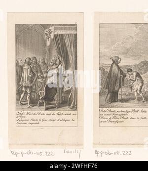 Karel de Dikke wird abgesetzt, Daniel Nikolaus Chodowiecki, 1792 Abdruck oben rechts: 9. Mit Unterschrift auf Deutsch und Französisch. Berliner Papierätzgeschichte. Abdankung (eines Lineals). Doppelköpfiger Adler. Krone (Symbol der Souveränität) Stockfoto