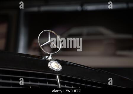 Antalya, Türkei - 31. Januar 2024: Original-Logo der Mercedes-Benz E-Klasse auf dem Kühlergrill Stockfoto