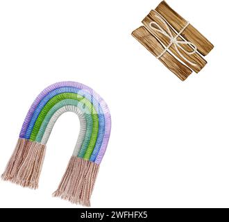 Gestrickter Textil-Makramee-Anhänger mit Regenbogen. Stilvolle hängende Innendekoration. Handgezeichnete Aquarellillustration Stockfoto