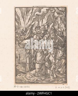 Lot und seine Töchter verlassen das brennende Sodom, Virgilius Solis, 1552 Druck Nürnberger Papier die Vernichtung von Sodom und Gomorra: Lot und seine Familie fliehen nach Zoar und tragen ihre Habseligkeiten; ein Engel könnte den Weg zeigen (1. Mose 19,24-29). Lots Frau blickt zurück auf die Stadt und wird in eine Salzsäule verwandelt Stockfoto