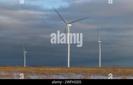 Windturbinen im Winter auf Wolfe Island, Ontario, Kanada Stockfoto