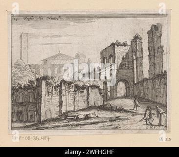 Ruines bij de San Stefano Rotondo Te Rome, Giovanni Battista Mercati, 1629 Print Ansicht der Ruinen in Rom. Im Hintergrund der San Stefano Rotondo. Druckerei: Italien eigenes Design von: ItalyToscane Papier Gravur Landschaft mit Ruinen Santo Stefano Rotondo Stockfoto