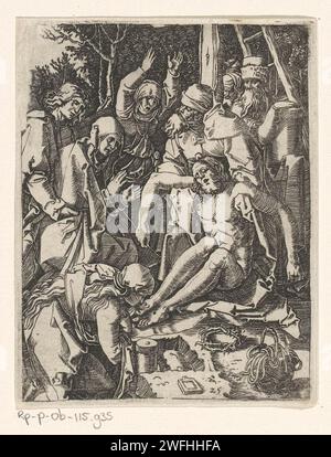 Bewening, Marcantonio Raimondi, nach Albrecht Dürer, 1511 - 1534 Druck rechts unten: 25. Druckerei: Italien Design von: Deutschland Papiergravur Klagebeklage über den toten Christus durch seine Verwandten und Freunde (Christus normalerweise ohne Dornenkrone). Der Leib Christi wurde unterstützt Stockfoto