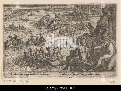 Römer kämpfen gegen ein Meeresungeheuer, Antonio Tempesta, 1602 gedruckte römische Soldaten auf Ruderbooten versuchen, ein Meeresungeheuer zu töten. Es gibt Zuschauer an der Küste. Lateinischer Text in STUDMARGE. Druckerei: ItalienVerlag: RomeItaly Papierätzjäger. Monster des Meeres Stockfoto