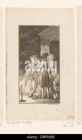 Koning Andrason und seine Hofdamen Mana, Sora, Lato und Mela kleiden eine Schaufensterpuppe bei Kerzenlicht, Daniel Nikolaus Chodowiecki, 1787 Print Berlin Paper Etching Night. Kerze. Modell, Schaufensterpuppe. Maske. Jemand anderes anziehen Stockfoto