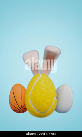 Sportbälle Tennis-Basketball-Volleyball in Form von Eiern mit Osterhasenohren. 3D-Rendering Stockfoto