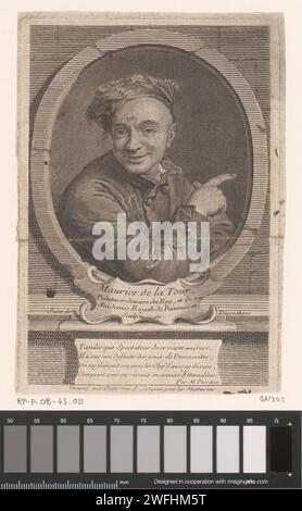 Portret van Maurice-Quentin de la Tour, Etienne Desrochers, ca. 1726 Druck Paris Papierstich historische Personen. Porträt, Selbstporträt des Künstlers Stockfoto