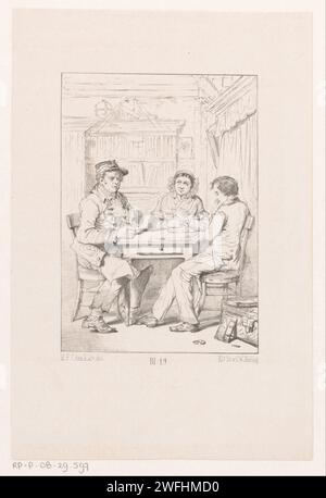 Drei Leute am Tisch, Herman Frederik Carel Ten Kate, 1847 - 1865 drucken zwei Männer und eine Frau sitzen um einen Tisch. In der Mitte des nummerierten bl. 19. Das Haager Papier Gespräch, Dialog; Gesprächsstück Stockfoto