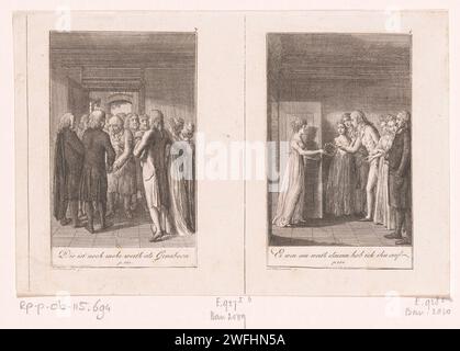 Zwei Aufführungen aus den Geschichten von Wilhelm Gottlieb Becker, Daniel Nikolaus Chodowiecki, 1800 drucken die Drucke sind rechts oben nummeriert. Mit Beschriftung und Seitenverweis in deutscher Sprache. Berliner Papierätzgirlande, Kranz Stockfoto