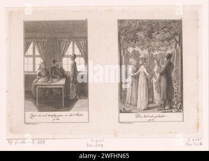 Zwei Aufführungen aus den Geschichten von Wilhelm Gottlieb Becker, Daniel Nikolaus Chodowiecki, 1800 drucken die Drucke sind rechts oben nummeriert. Mit Beschriftung und Seitenverweis in deutscher Sprache. Berliner Papierätztisch. Vater und Tochter(en) (Familiengruppe). Meeting Stockfoto