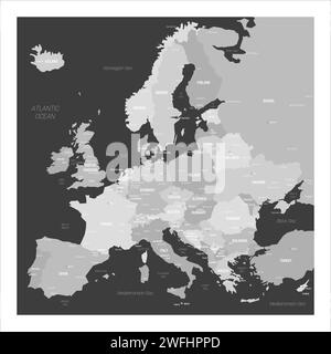 Politische Landkarte Europas. Blaue Vektorkarte mit Hauptstadt und wichtigen Städten europäischer Länder und Wasserkörpern rund um den Kontinent. Stock Vektor