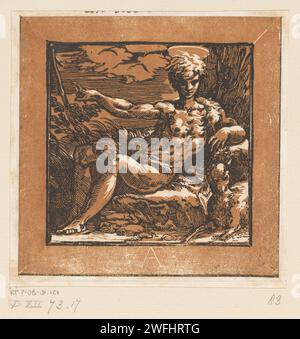 Johannes de doper in de Wildernis, Antonio da Trento, nach Parmigianino, ca. 1520 - ca. 1550 Druck Johannes der Täufer mit Lamm und Korbkreuz. Italienpapier Johannes der Täufer; mögliche Attribute: Buch, Schilfkreuz, Taufbecher, Wabenwabe, Lamm, Personal Stockfoto