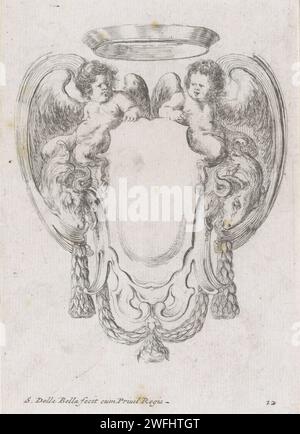 Cartouche mit zwei Widderköpfen, zwei Putti und einer Krone, Stefano della Bella, 1647 Druckerei: Franziskus eigenes Design von: Franziskus: ParisFrance Papierätzung Ornament  Kartusche. Cupiden: 'amores', 'amoretti', 'Putti'. Krone (Symbol der Souveränität). ram's Kopf  Ornament Stockfoto