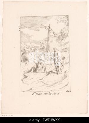 Peter Walks on the Water to Christ, Gabriel Huquier, nach Claude Gillot, 1705 - in oder vor 1732 Print Maker: Parisprint Maker: FranceAfter Design by: Francepublisher: Parispublisher: ParisFrance Papierätzung Peter tritt aus dem Boot und versucht, auf dem Wasser in Richtung Christus zu gehen Stockfoto