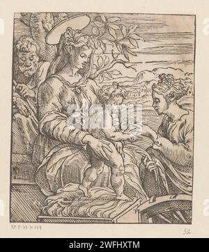 Mystische Heirat der Heiligen Katharina, Anonym, 1500–1599 Druck Maria hält das stehende Christkind, während er einen Ring um den Finger der Heiligen Katharina, die vor ihm kniet, gleitet. Rechts im Vordergrund das Rad der Catharina. Joseph links und eine Landschaft im Hintergrund. Papier die mystische Ehe von St. Katharina von Alexandrien mit dem Kleinkind Christus: Das Christkind legt einen Ring an ihren Finger. Heilige Familie mit anderen, z. B. Anna Stockfoto