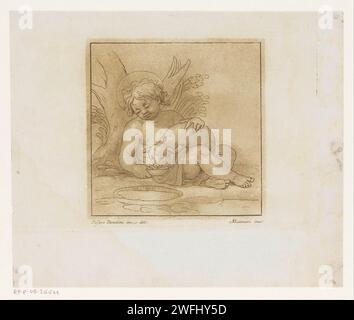 Johannes de doper in de Wildernis, Stefano Mulinari, nach Cesare Dandini, ca. 1751 - ca. 1790 Druck der junge Johannes der Täufer ruht an einem Baum. Auf seinem Schoß das Lamm, das aus einer Schüssel trinkt. Italienisches Papier, das Johannes den Täufer in der Wildnis graviert, meist begleitet von einem Lamm Stockfoto