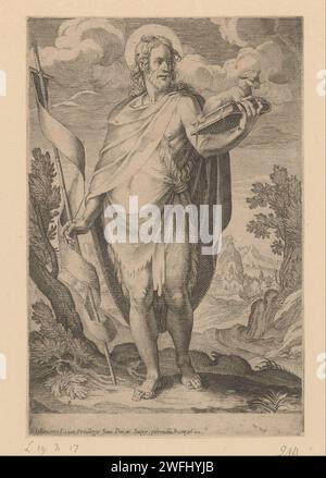 Johannes de doper in de Wildernis, Francesco Villamena, 1622 Druck Johannes der Täufer stehend in einer Landschaft mit Reetkreuz, Buch und Lamm. Druckerei: Papiergravur Johannes des Täufers aus Italien; mögliche Attribute: Buch, Schilfkreuz, Taufbecher, Wabenwabe, Lamm, Personal. Johannes der Täufer in der Wildnis, meist begleitet von einem Lamm Stockfoto