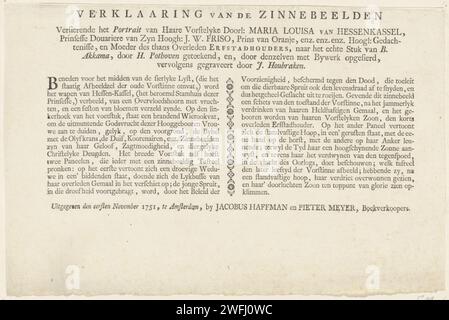 Text auf dem Porträt von Maria Louisa van Hessen-Kassel, Jacobus Haffman, 1751 Textblatt Amsterdam Papier Buchdruck Stockfoto